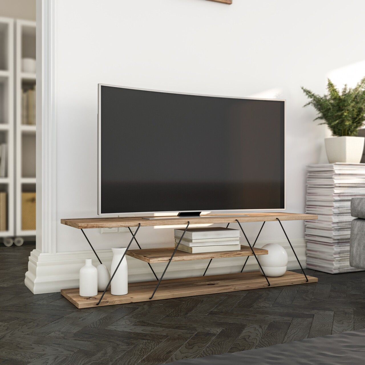Comoda TV Canaz, Kalune Design, 120x30x33 cm, maro/negru - imagine 6